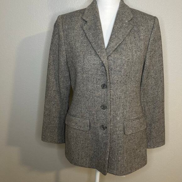 Lands End women's 100% lambswool gray herringbone 4 button lined blazer 10P - Picture 1 of 12